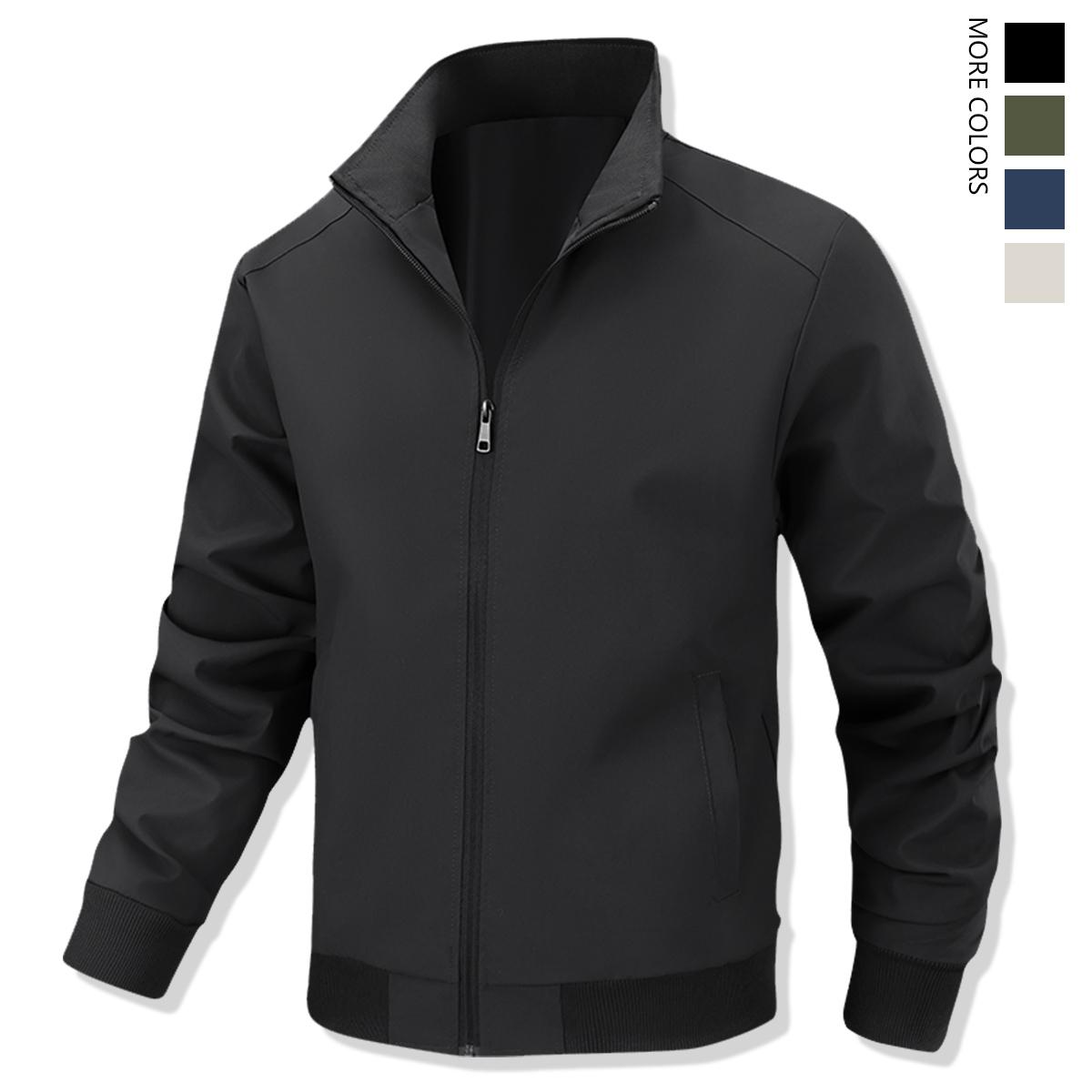 Men's Solid Color Flight Jacket Casual Coat, Versatile Casual Stand Collar Zipper Long Sleeve Coat, Zipper Jacket, Polyester Fiber Jacket, Suitable for Spring and Autumn Outdoor Use. Menswear Beige