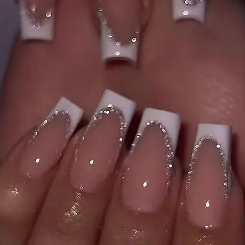24pcs Medium Long Square Press-On Nails, French Style Glitter Design, Glittering Fake Nails, Glitter Base French Tip, Ballerina Shape, Reusable Nail Art for Parties and Daily Wear, Press On Sets