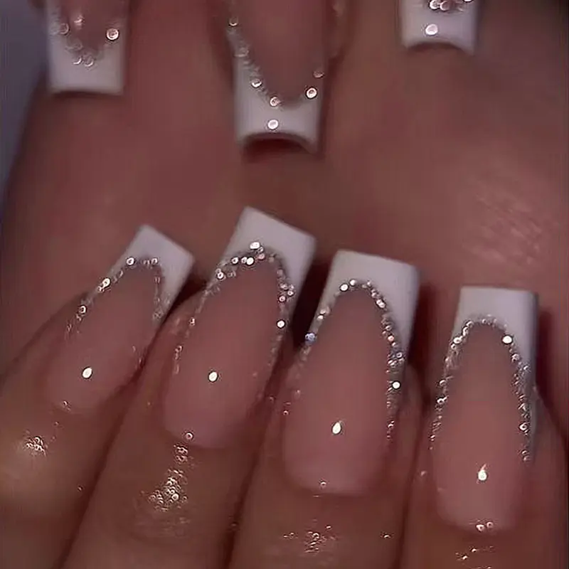 24pcs Medium Long Square Press-On Nails, French Style Glitter Design, Glittering Fake Nails, Glitter Base French Tip, Ballerina Shape, Reusable Nail Art for Parties and Daily Wear, Press On Sets