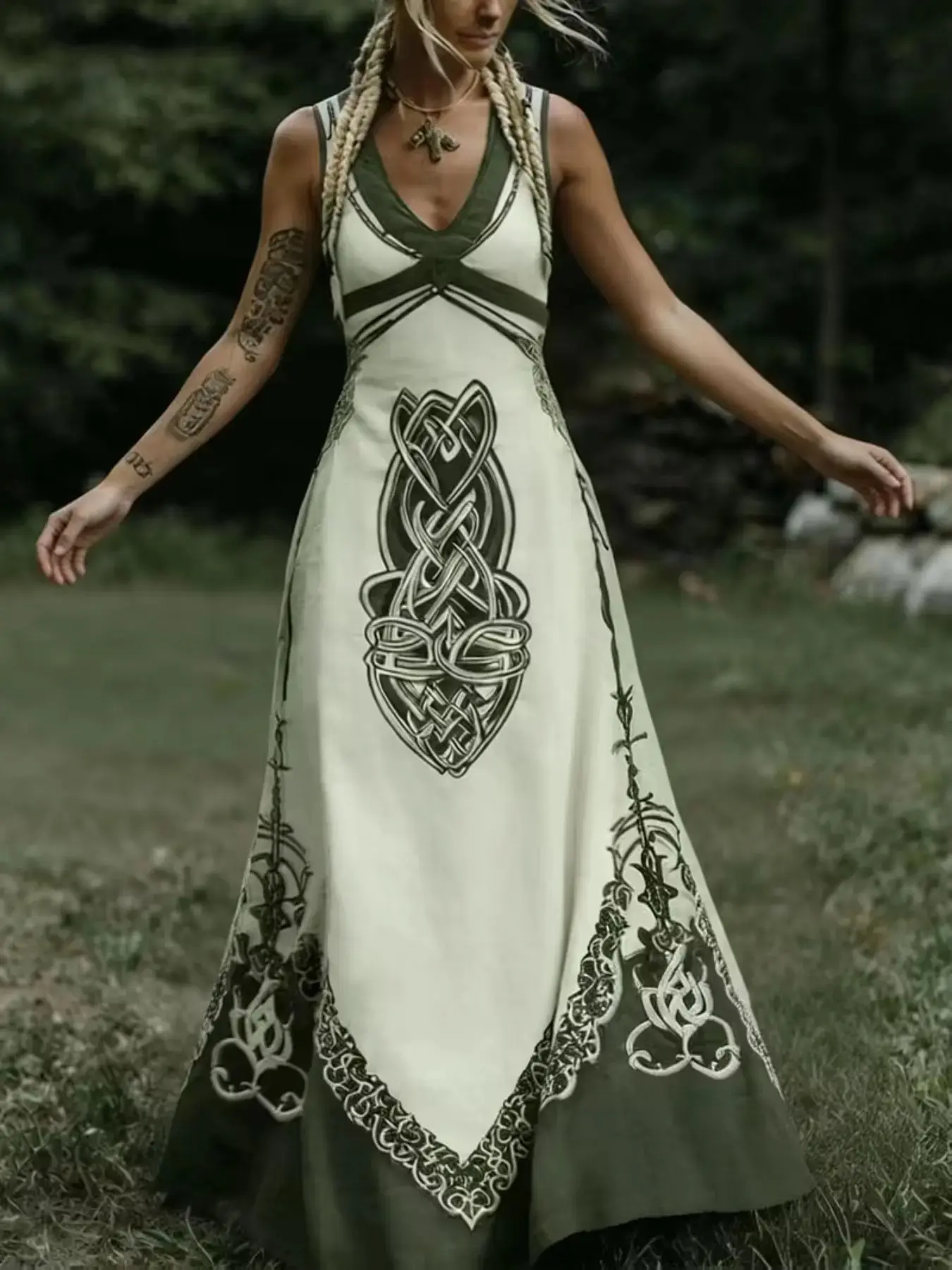 Vintage Celtic Knot Long Dress, Boho Sleeveless V Neck Gown, Loose-Fitting All over Print, Larp Renaissance Festival, Bohemian