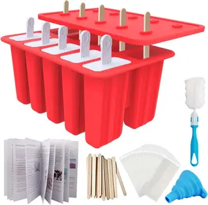 10-Cavity Silicone Popsicle Molds Set – BPA-Free Homemade Ice Pop Maker with 50 Sticks, 50 Bags, Reusable Sticks, Funnel, Cleaning Brush & Recipe Guide (Red)