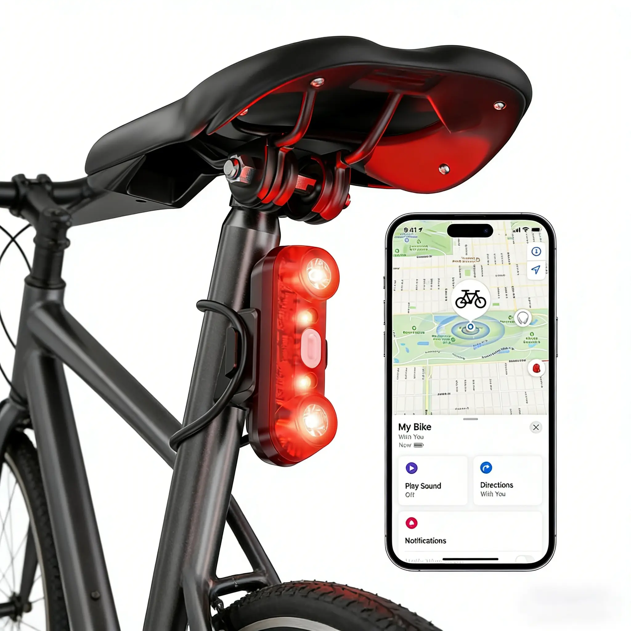 2-in-1 GPS Bike Tracker & Luminous Bike Taillight - iOS-Only Find My Air Tracker Tag, 3 Lighting Modes, 800mAh Extended Battery Life, IP55 All-Weather, Easy Mount, Cycling Safety Accessory for Bicycle Enthusiasts