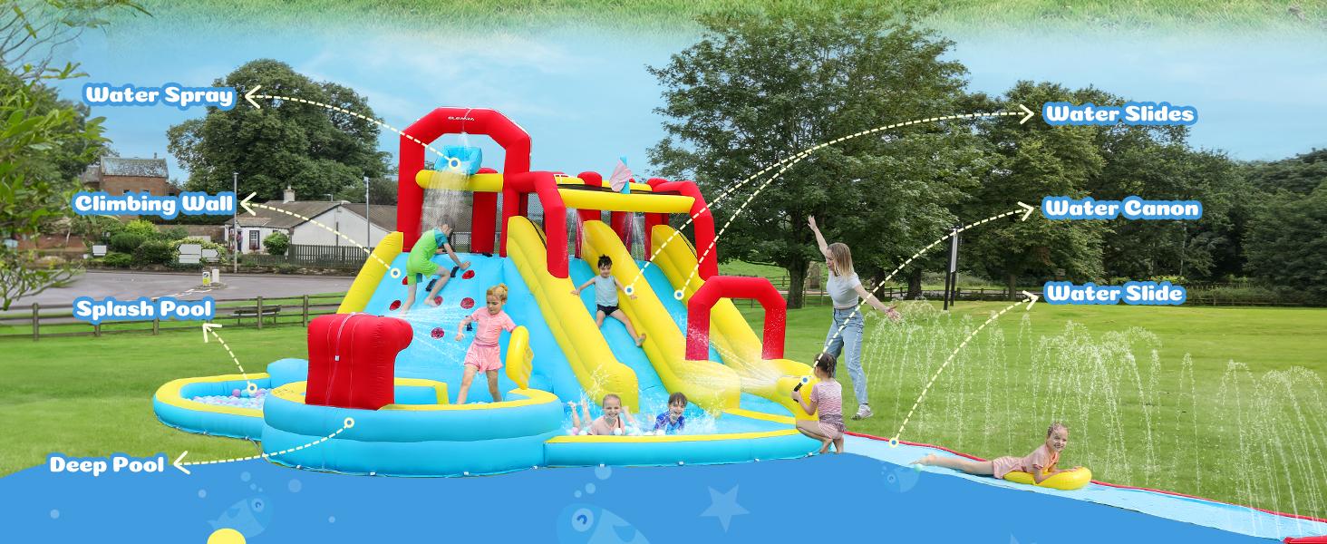 【Beautyhackher Exclusive】Inflatable Water Slide, Water Park for Big Kids,with Blower, Slides, Climbing Walls, Water Guns, and Deep Splash Pool, Indoor and outdoor, Summer Gifts 【Beautyhackher Exclusive】Inflatable Water Slide, Water Park for Big Kids,with Blower, Slides, Climbing Walls, Water Guns, and Deep Splash Pool, Indoor and outdoor, Summer Gifts