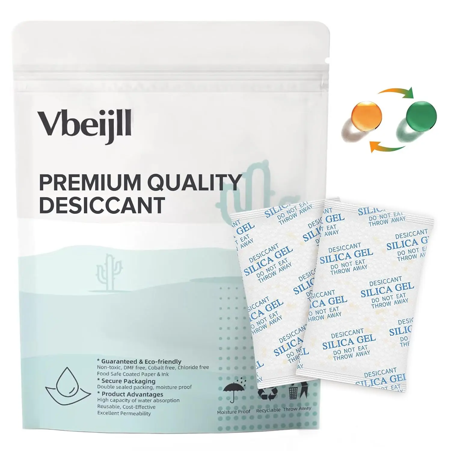 5g Color-Indicating Silica Gel Packets (50 Pack), Premium Food-Grade Rechargeable Desiccant Dehumidifiers for Food Storage, Electronics, 3D Filament & Safes