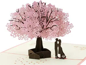 Handmade Cherry Blossom Card Pop Up 3D Flower Romantic Love Letter Greeting Anniversary Wedding Valentine Birthday Gift Card Blank Stationery Paper for Her Him Husband Wife
