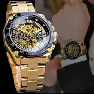 Men'sLuxuryGolden-ToneAutomaticMechanicalWatchwithSkeletonDial,StainlessSteelBand&CrystalAccents–StylishAnalogDisplayforCasualorBusinessWear(Sheet)