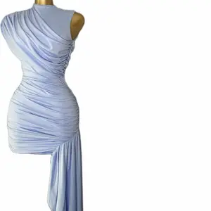 Elegant Light Blue Ruched Bodycon Dress with Asymmetrical Hem for Special Occasions