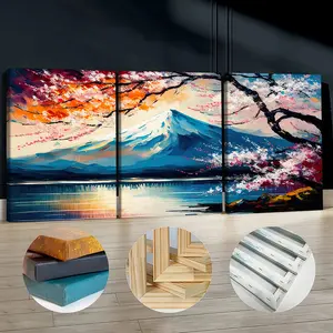 3Pcs Wooden Framed Canvas Painting, Mount Fuji And Cherry Blossoms Landscape Painting, Exquisite Poster, Home Decoration, Pattern Wall Art Decor, For Living Room, Bedroom, Office, Restaurant, Bar Wall Decor, Waterproof, Odorless, Painting, Print Artwork.