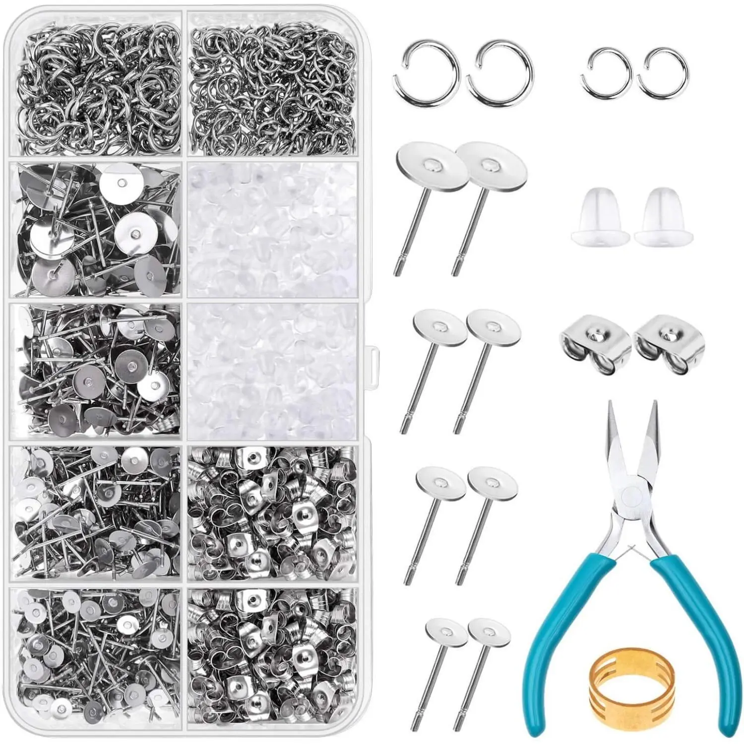1800 Pcs Stainless Steel Stud Earring Set with Earring Base Studs,Earring Backs and Jump Rings for Clay,Resin,Pearls,Jewelry Making and Crafting,Christmas Party Gifts,DIY Hand Tools Kits