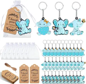 120 Pcs Blue Elephant Cute Baby Shower Favors Elephant Party Favors, Elephant Keychain with Organza Bags Thank You Kraft Tags and Rope for Guests Girls Boys Birthday Party Supplies Decorations
