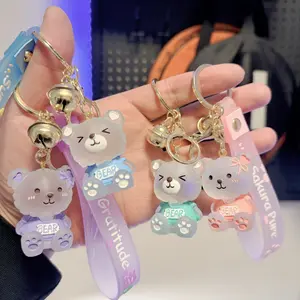 4pcs Cute Frosted Finish Bear Keychain Set with Bell & Wrist Strap, Kawaii Aesthetic Bag Charm, Car Key Ring Pendant for Women Girls Couple Gift