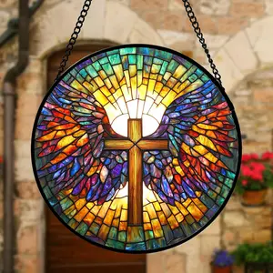 Stained Glass Style Cross and Wings Suncatcher Window Hanging, Ready to Hang Decorative Panel for Window, Door, Home Accent and Gift Giving