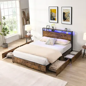 Full size Bed Frame with Storage Headboard and Charging Station, Full Platform Bed Frame with Drawers, Solid and Stable, Noise Free, No Box Spring Needed, Easy Assembly.
