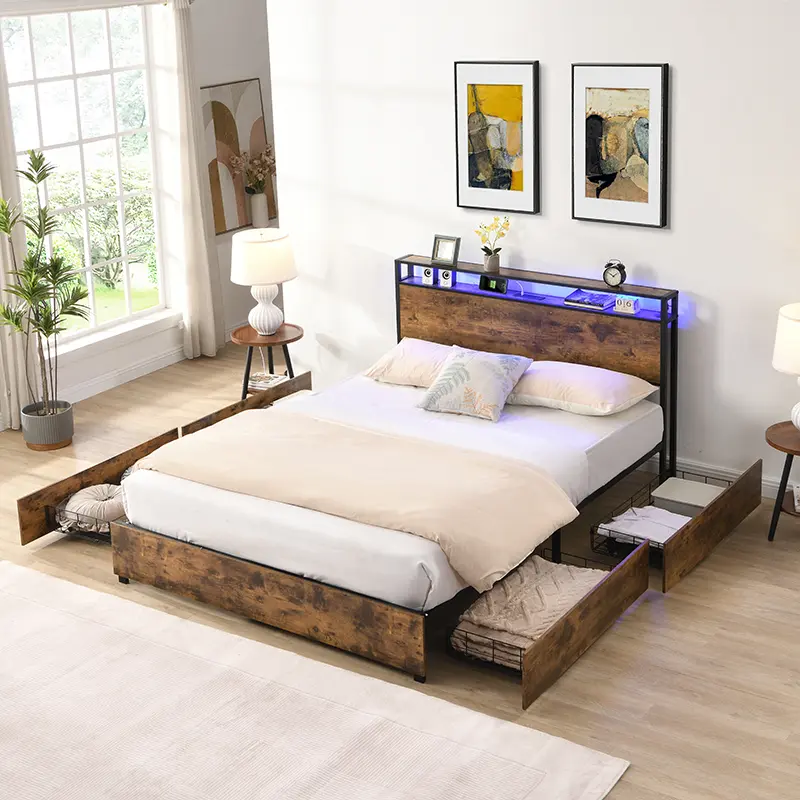 Full size Bed Frame with Storage Headboard and Charging Station, Full Platform Bed Frame with Drawers, Solid and Stable, Noise Free, No Box Spring Needed, Easy Assembly.