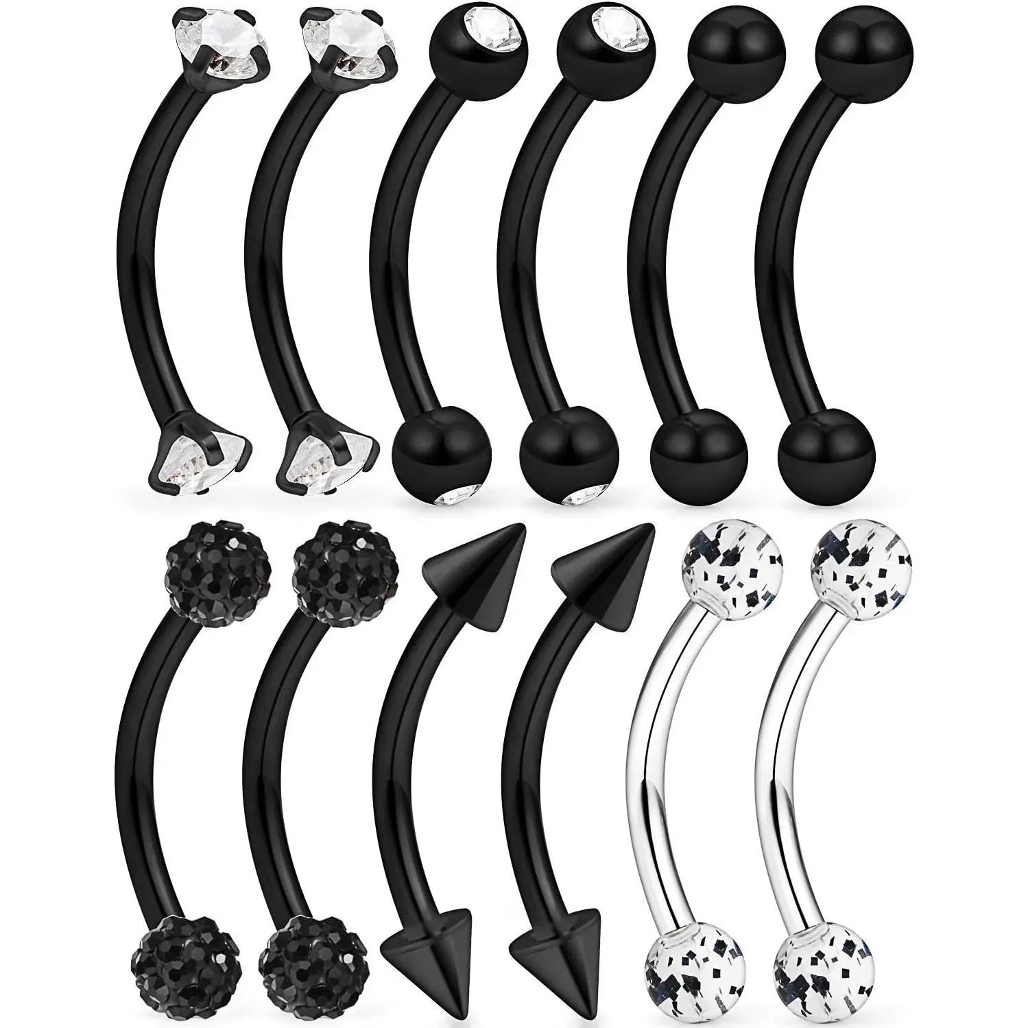 6-12 Pcs 16G Stainless Steel Eyebrow Piercing Rings Clear CZ Curved Barbell Helix Daith Piercing Body Jewelry for Women Men