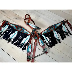Teal Painted Feathers and Fringe Tack Set