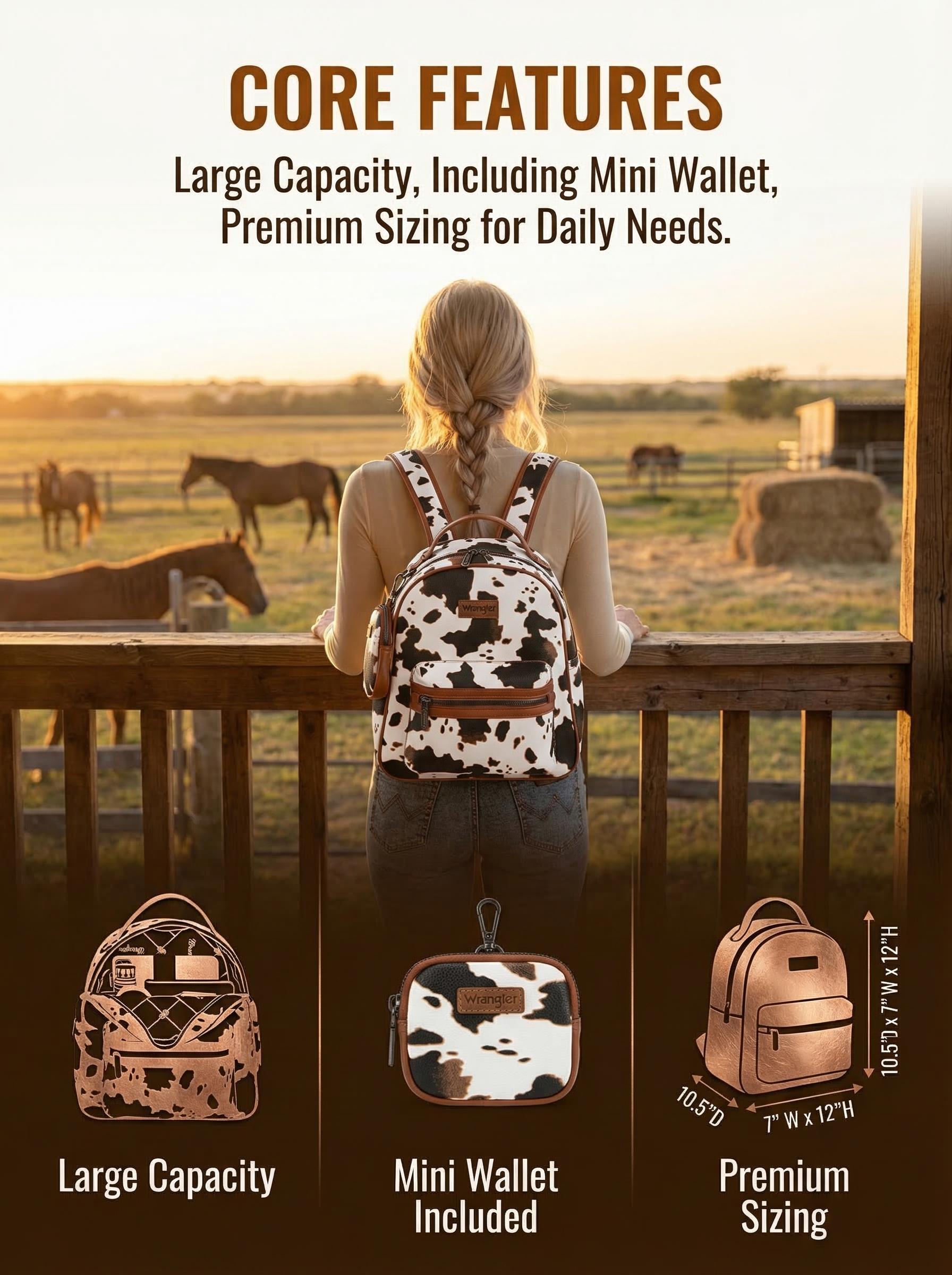 Wrangler Medium Cow Print Backpack Cute Daypacks Bookbag Purse for Women Casual