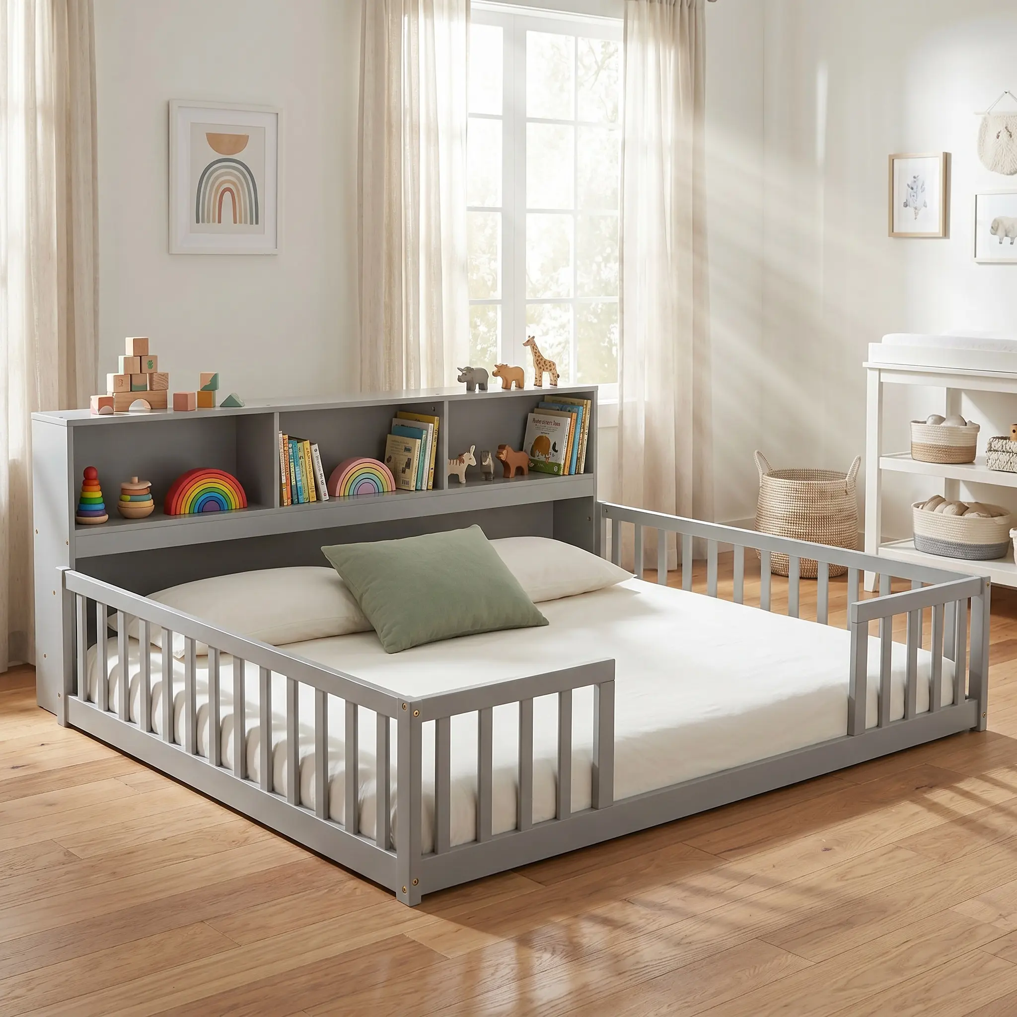 Grey Full Size Floor Bed Frame with Side Bookcase, Storage Shelves and Safety Guardrails