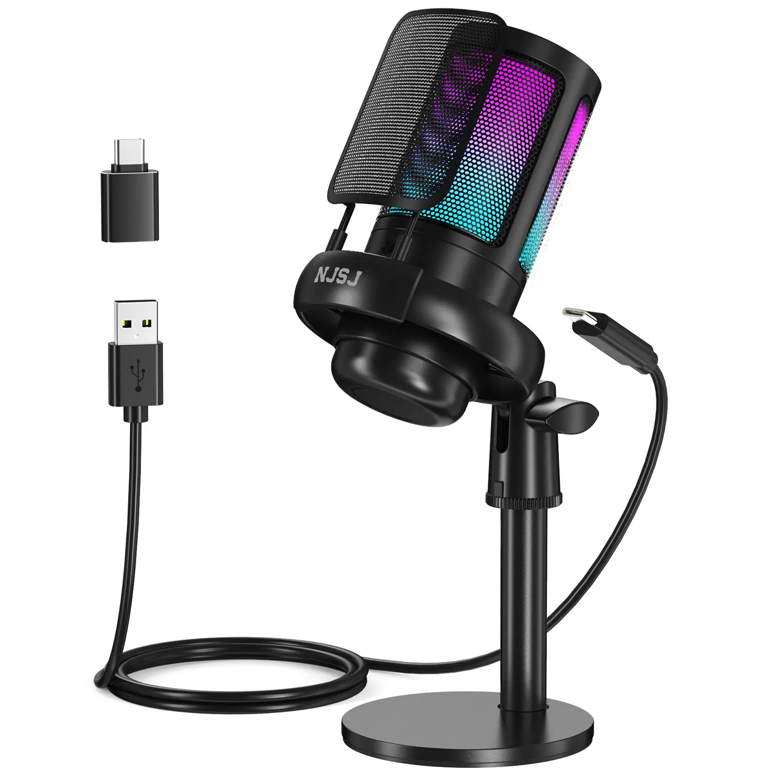 ME6S USB Gaming Condenser Microphone with Metal Base & Stand, 14MM Cardioid Mic, 6FT USB-C Cable, Adapter, Noise Reduction, Plug & Play for PC, Smartphone, Recording (Black)