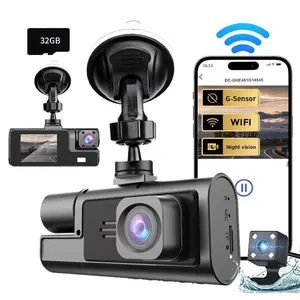 HD 1080P Triple Dash Cam with WiFi, Front & Inside & Rear Car Camera with 32GB TF Card, Night Vision, Gravity Sensor, Loop Recording Car Camera