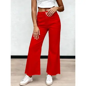 Women's stretch flare pants - high-waisted, non-sheer red denim for all seasons, machine washable, fits casual & formal wear - trendy high-rise design, easy-care fabric, stylish bottoms, must-have for casual lovers