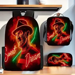 3-piece Freddy Krueger Nightmare Park Backpack Set, featuring neon glow-in-the-dark horror designs, Freddy Krueger face and sweet dreams prints - adjustable shoulder straps, zipper closure, polyester lining, hand washable backpack, suitable for teenagers