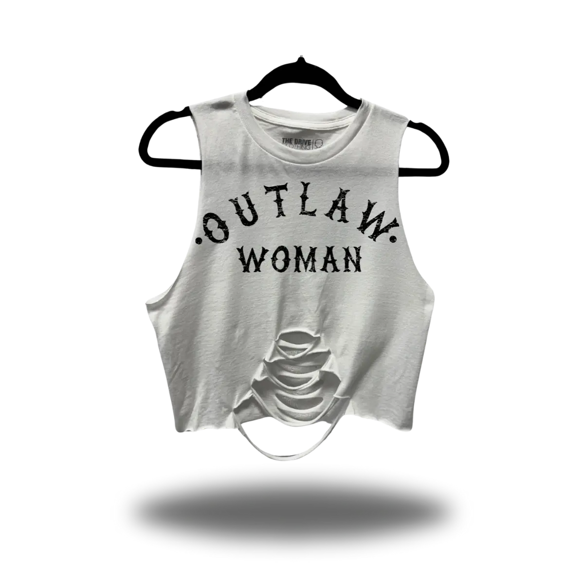 TheDriveClothing Outlaw Woman Road Rash Mid Spine White Belly Crop Tank – Y2K Streetwear Crop Top, Biker Babe Fashion, TikTok Viral Alt Girl Outfit, Grunge Goth Summer Style