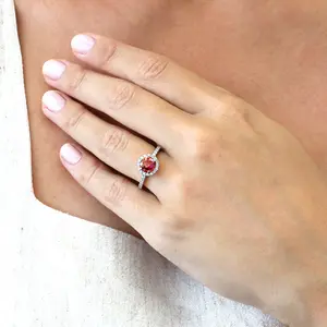 Halo Kaleidoscope Red Orange CZ Ring Set in Sterling Silver