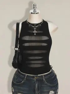Plus Size Y2K Sheer Distressed Sexy Camisole Top Gothic Top Mesh Tops For Women Black See Through Top Black Sexy Tops Black Mesh Top