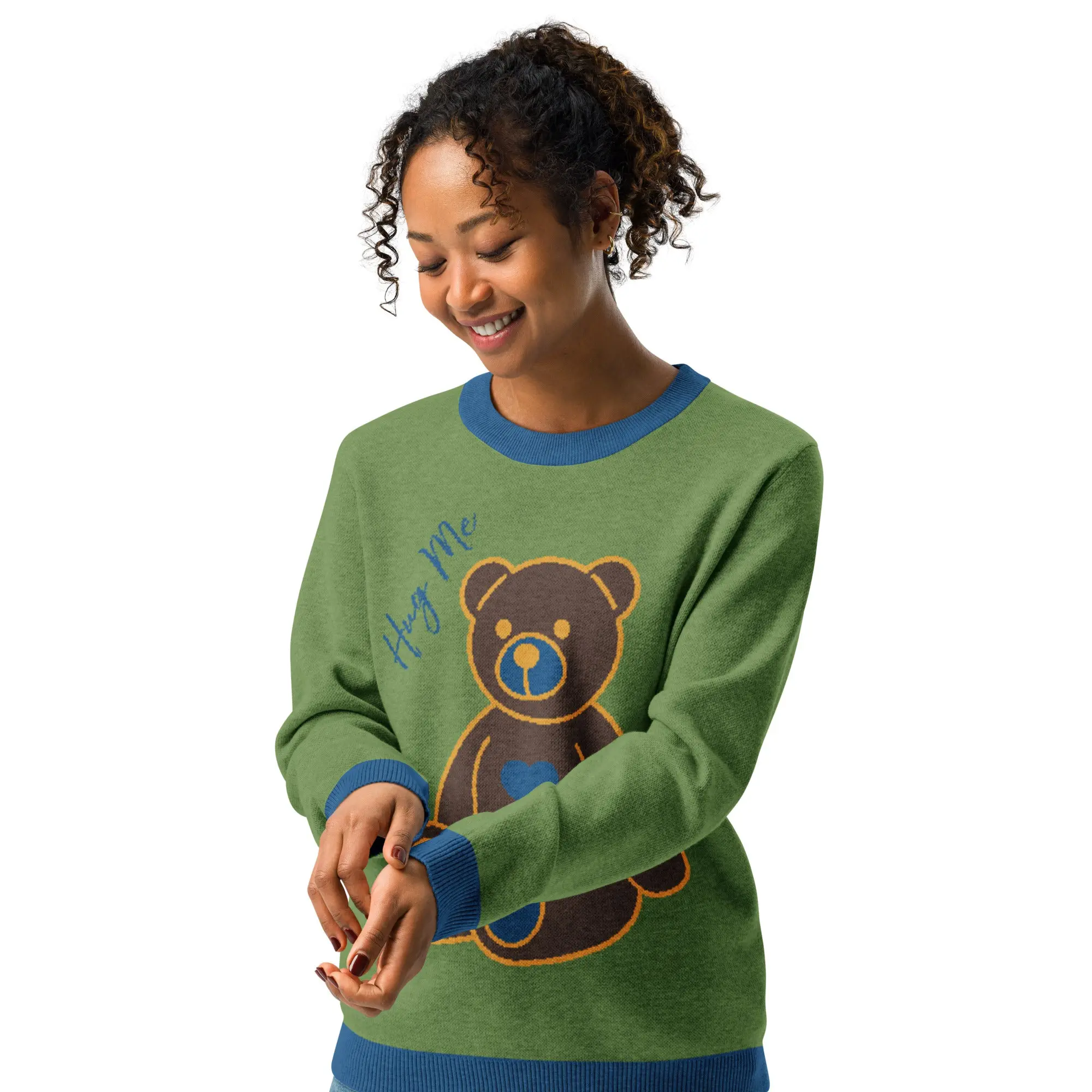 Hug Me Teddy Bear in Green Knitted Crewneck Sweater