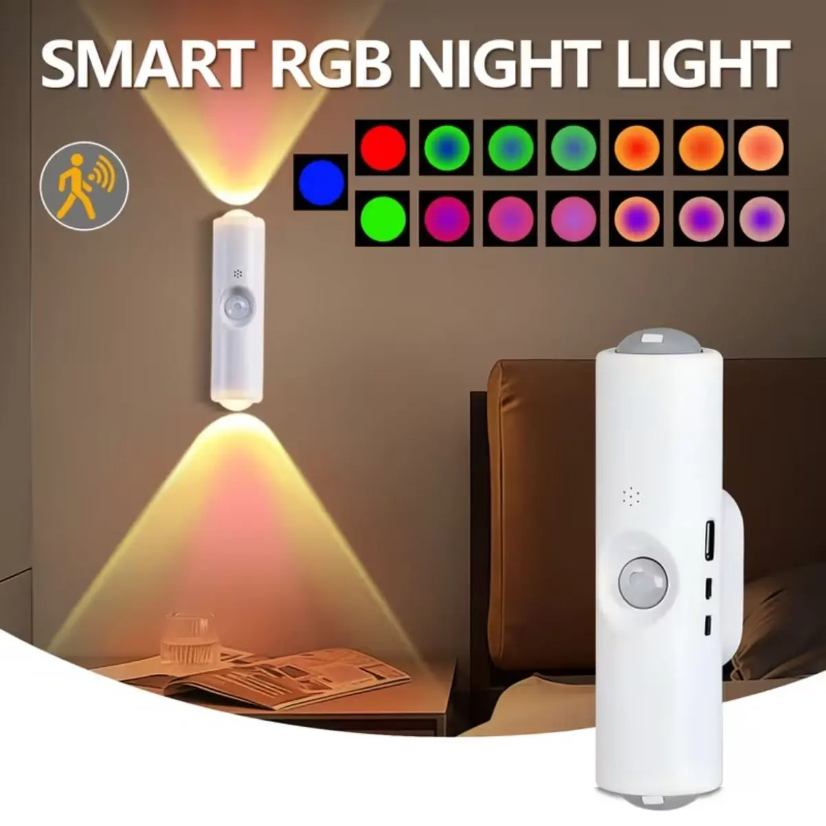 2pcs Motion Sensor LED Wall Lamps, RGB Adjustable Brightness and Color, Modern USB Rechargeable Wall Sconces, Dimmable Wall Light, for Living Room, Bedroom, Desk, Closet