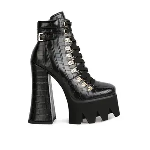 Boogie High Block Heel Lace Up Biker Boots