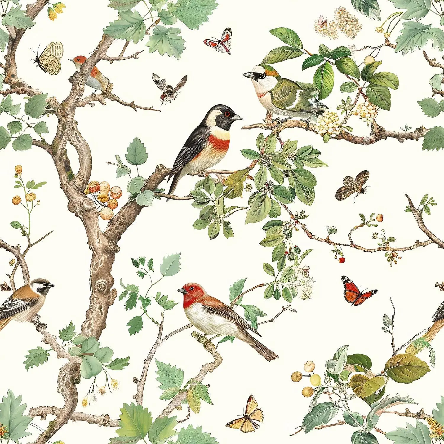 Vintage Bird Peel and Stick Wallpaper l Bird Contact Paper 16.9inch x 118.1inch Leaf l Wallpaper Peel and Stick Boho Self Adhesive Removable Wall Paper for Bathroom Wall Decorative