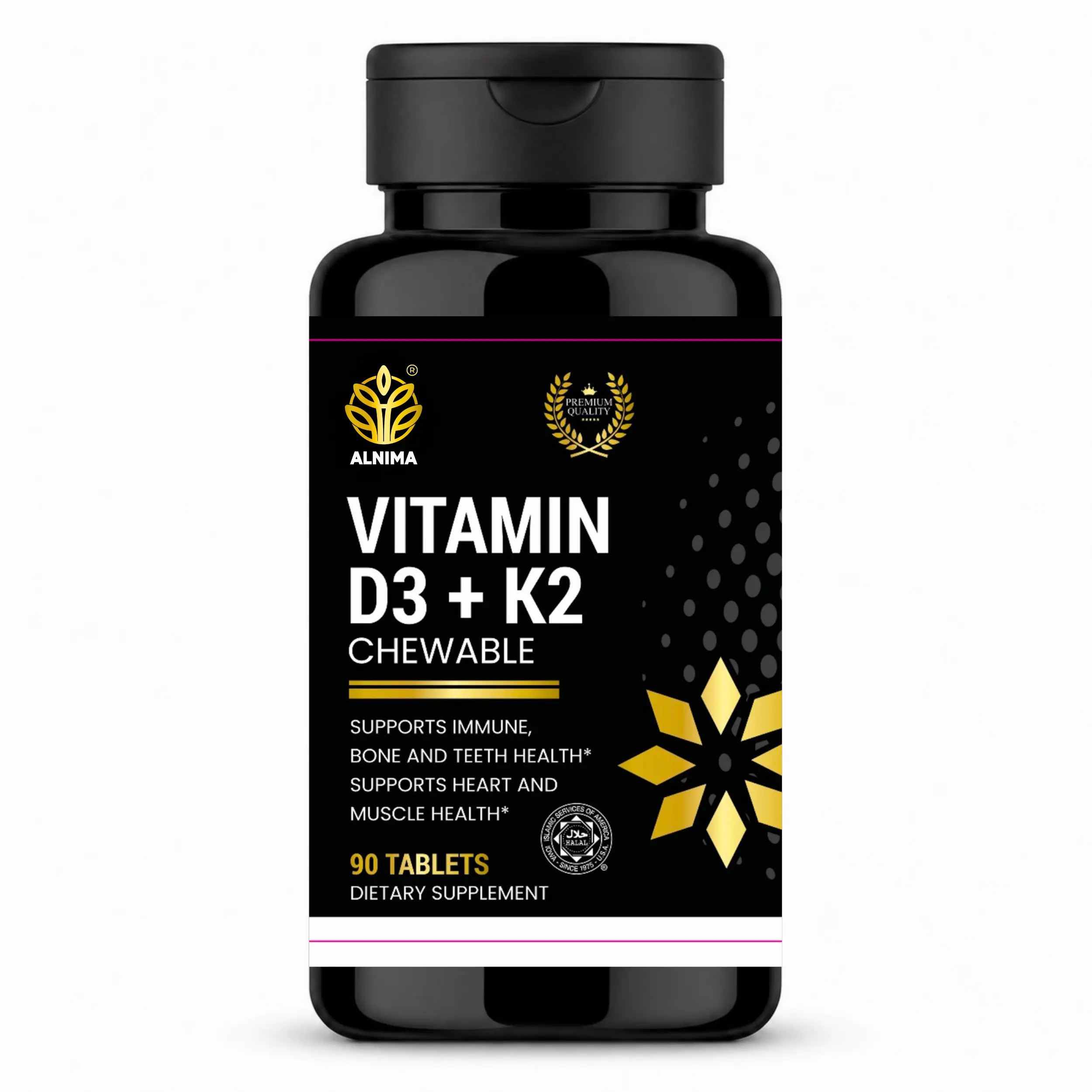 Vitamin D3 + K2 Chewable Tablets – Alnima | Daily Nutrient Support Formula | Halal Certified | 90 Chewable Tablets | Made in USA