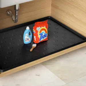 Under Sink Mat 34" x 22"  Kitchen Cabinet Mat, Flexible Under Sink Liner, Kitchen Bathroom Cabinet Mat Protector for Drip Leak Spill (Black)