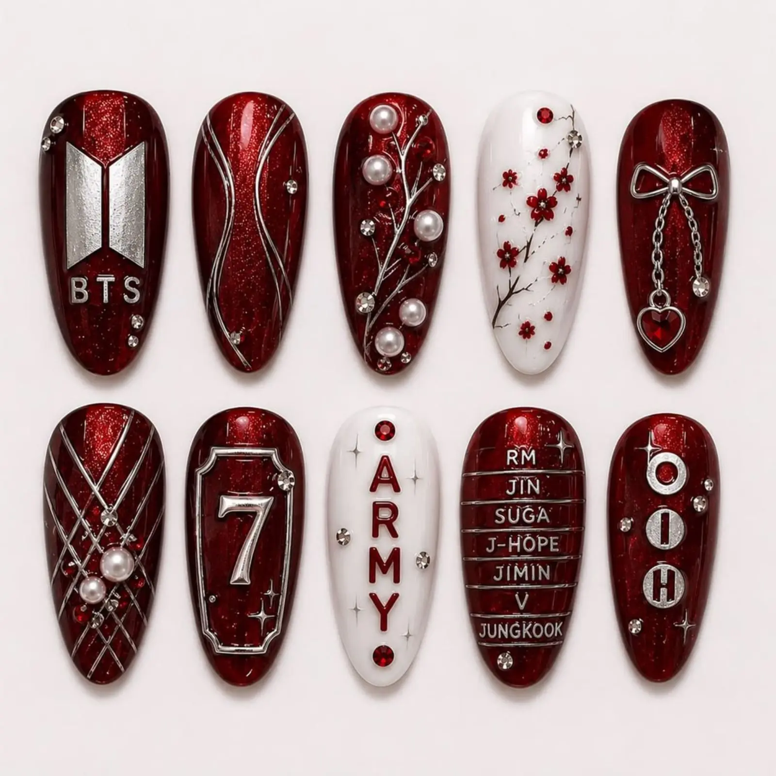 Kpop Press On Nails | Burgundy Cherry Red Kpop Concert Nails | Pearl & Sakura Bow Nail Art | Handmade Reusable Glossy Fake Nails