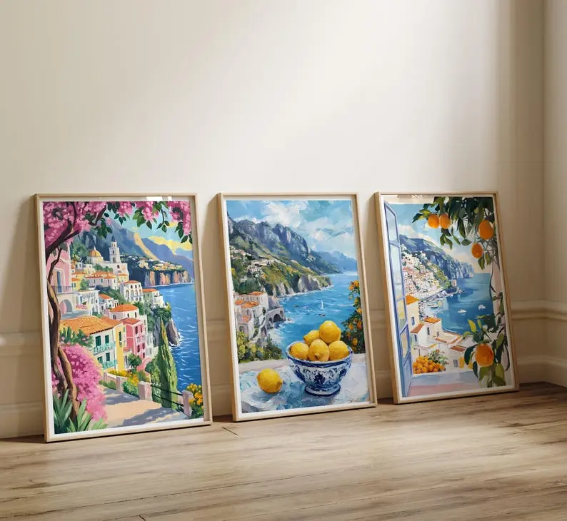 Amalfi coast paintings, colorful summer mediterranean prints set of 3, Italy coastal digital posters -  Poster Print Unframed