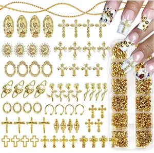 Nail Charms,Gold Flat Back Nail Pearls Beads for Crafting,Cute Nail Charms  Rhinestones Jewelry for Nail Art Flower Virgin Religious Charms Gems