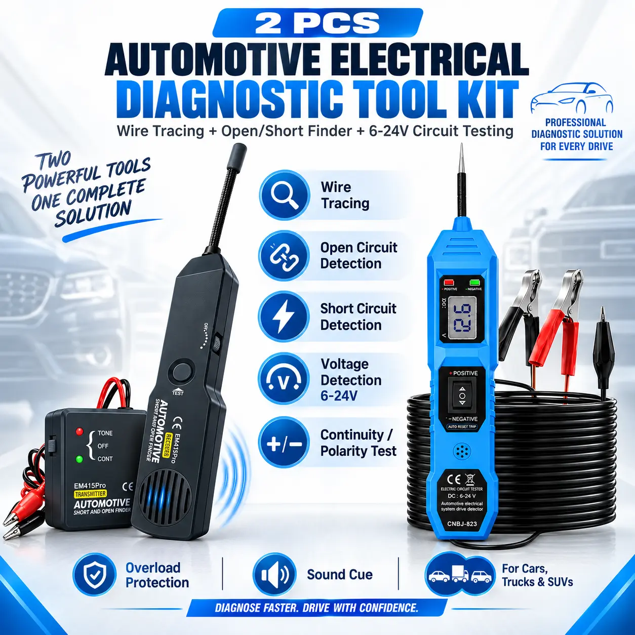 EM415PRO + CNBJ-823 Automotive Circuit Tester Kit, 6-42V Wire Tracer, Open & Short Circuit Finder, 6-24V Digital Voltage Detector, Polarity & Continuity Tester