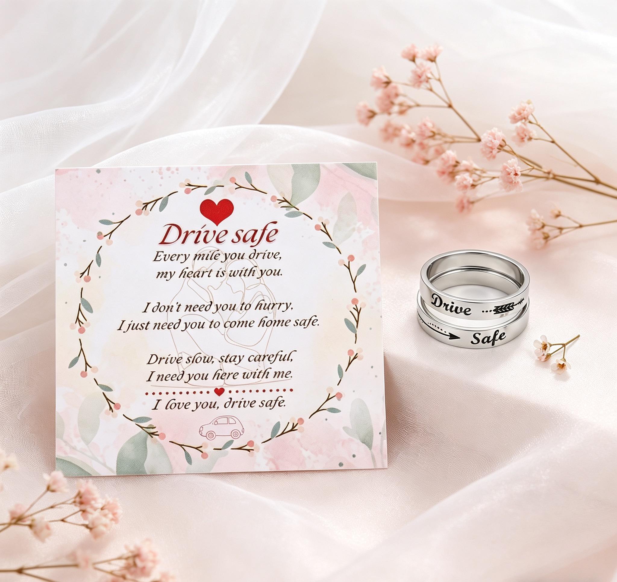 “Drive Safe”Stainless Steel Ring with Sentimental Message Card Couple Promise Ring Gift for Boyfriend Girlfriend Anniversary Birthday Jewelry,0.74 inch