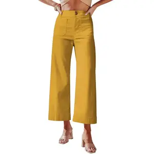 Womens High Waisted Cropped Wide Leg Stretchy Straight Pants Trousers with Pockets