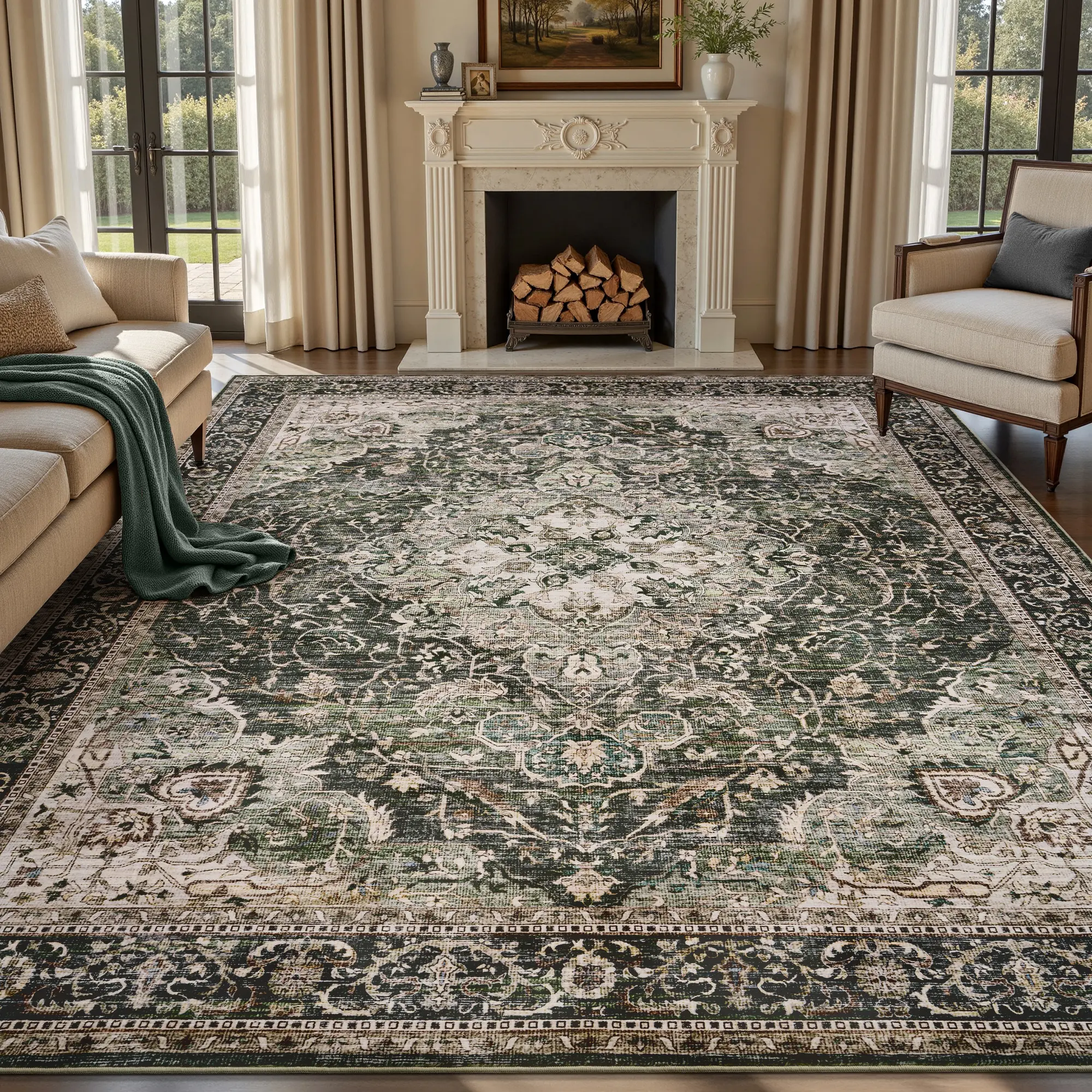 MontVoo Traditional Area Rug, Vintage Distressed Pattern, Washable Non Slip Indoor Carpet for Living Room, Bedroom, Entryway