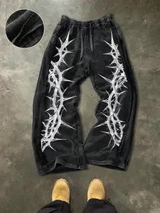 Men's Casual Cotton Sport Pants, Thorn Crown Print, Street Style, Drawstring Waist, Ankle Length, Perfect for Outdoor, Parties, Holidays, Athleisure Pants