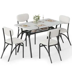 Dining Table Set for 4, Kitchen Table with Boucle Chairs for 4, Modern Rectangular Dining Table with Storage Rack for Small Space, Beige & Marble Table