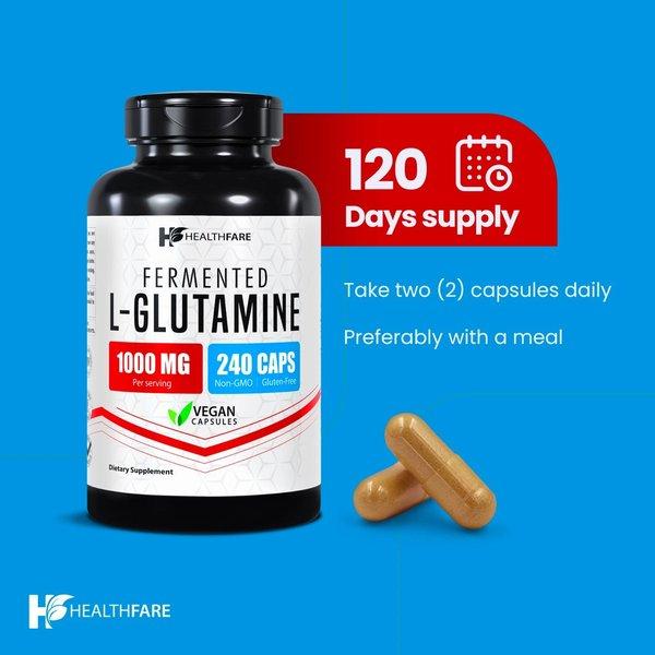 Healthfare L-Glutamine 1000mg | 240 Capsules | Amino Acid Fuel for Gut & Muscle
