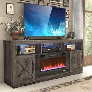 Farmhouse Fireplace TV Stand for 70/75/80 Inch TV, 32”Tall Entertainment Center w/ 36”Electric Fireplace & LED Light, 70”Media Console w/Barn Door Cabinet for Living Room, Grey,White
