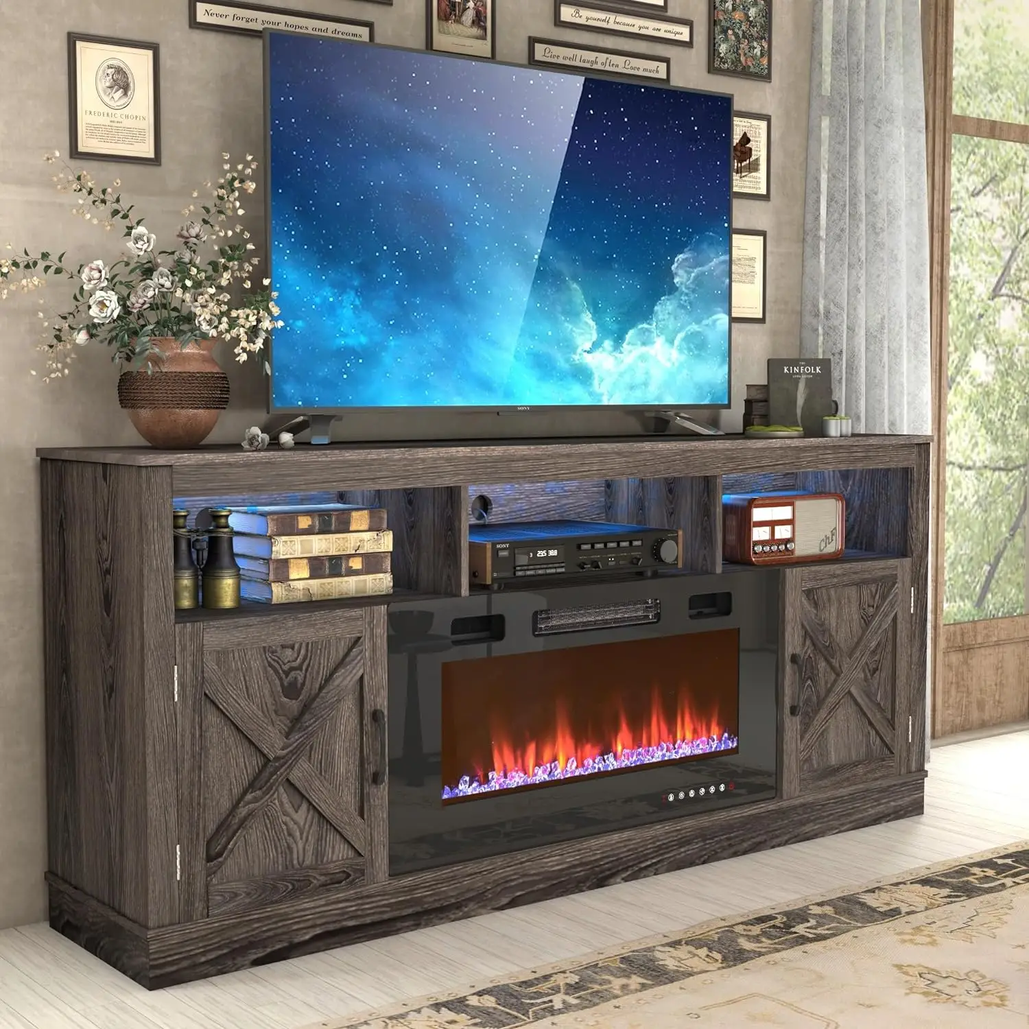 Farmhouse Fireplace TV Stand for 70/75/80 Inch TV, 32”Tall Entertainment Center w/ 36”Electric Fireplace & LED Light, 70”Media Console w/Barn Door Cab