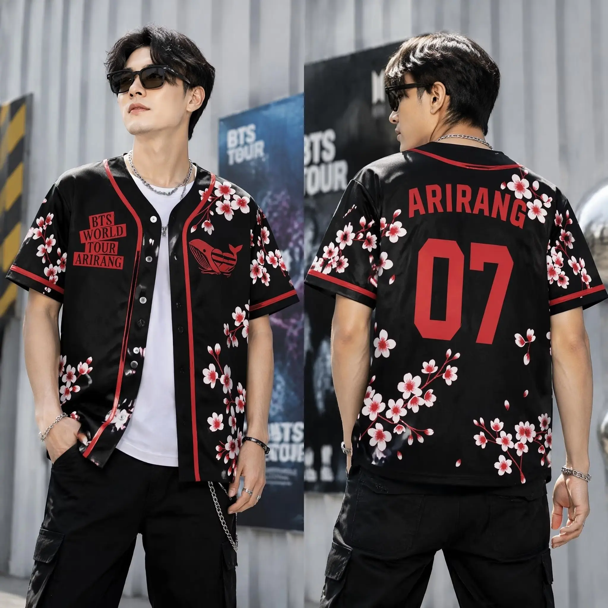 Cherry Blossom Baseball Jersey – Korean-Inspired Vintage Black & White Two-Tone Button-Up Shirt, Sakura Floral Athletic Jersey, Lightweight Breathable Sportswear for Game Day, Streetwear & Summer Casual Wear