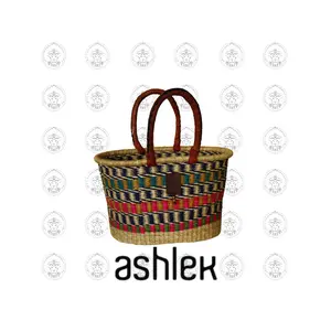 Handmade African Market Basket - Large Hand Woven Shopping Basket - Leather Handle Bin - Rustic Decor Basket - Elephant Grass Tote