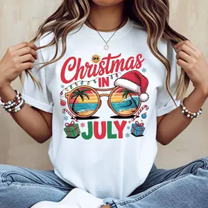 Christmas In July Sunglasses Beach Scene T Shirt White Casual Short Sleeve Tee For Leisure And Sports Activities